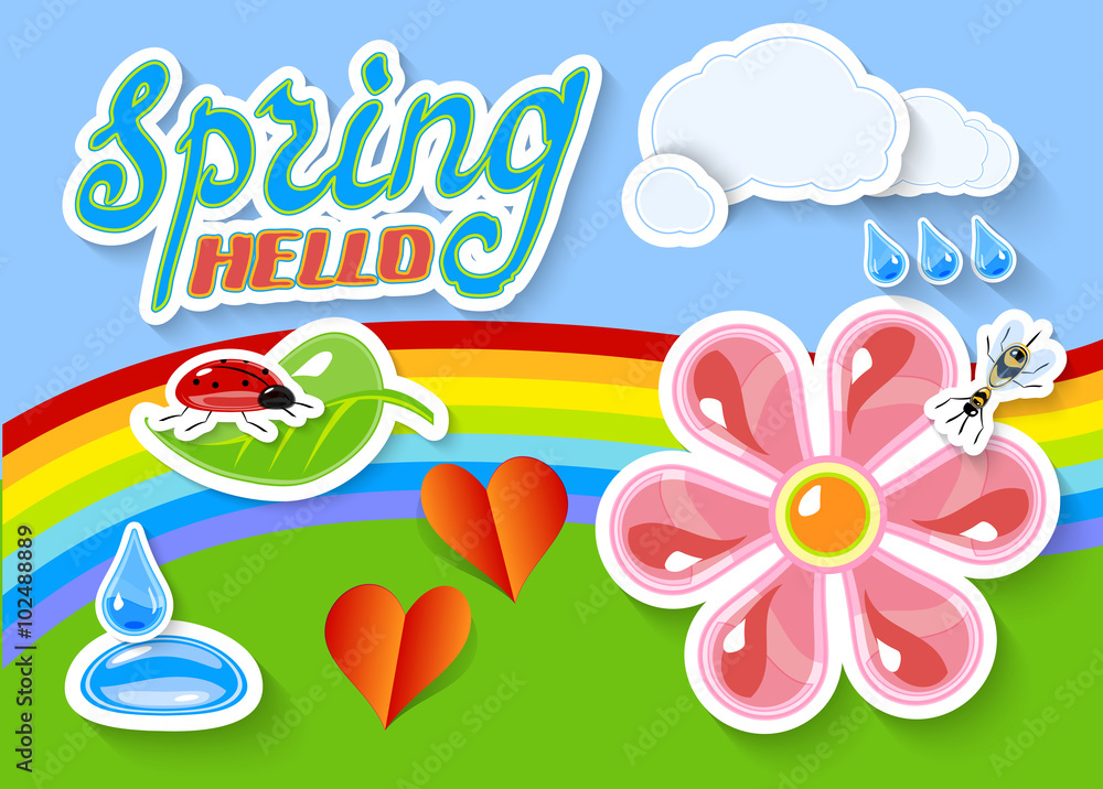 Bright Spring sticker Symbols as landscape with bee, ladybug, clouds, leaf, flower, rainbow, rain drops and dewdrop and two hearts. Hand Lettering 