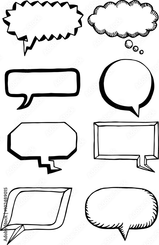 Hand drawn thought and speech bubbles and balloons. Blank empty white speech bubbles. Speech bubble icons. Think cloud symbols. Sketch hand drawn bubble speech. Vector dream bubbles.