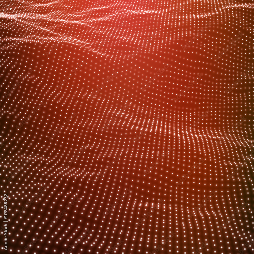 Obraz premium Wave Grid Background. Ripple Grid. Lattice Background. Abstract Vector Illustration. Cyberspace Grid. 3D Technology Style. Glowing Grid. Wireframe illustration with Dots. Network Design with Particle