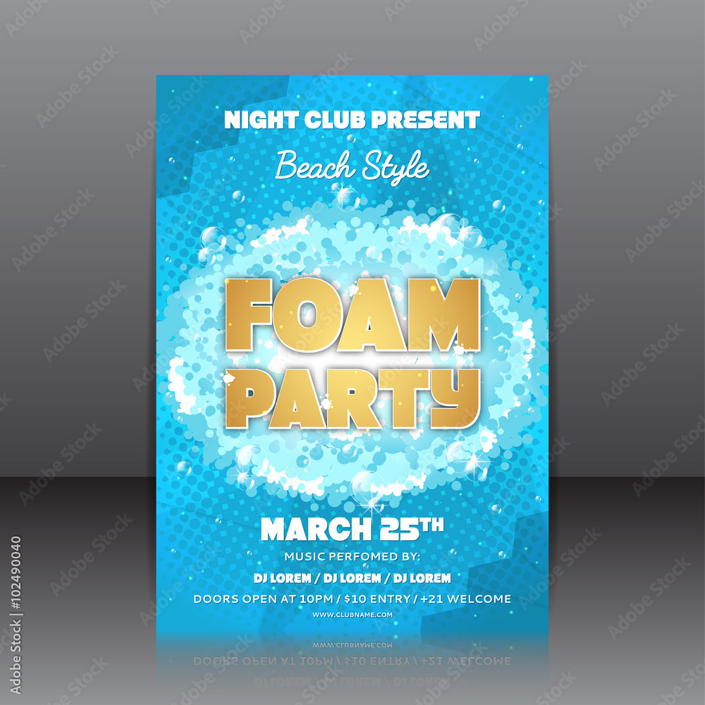 Foam party flyer. Template of invitation on a foam party. Vector