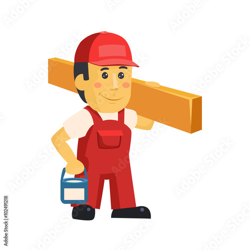 Friendly construction worker man with tools, vector 