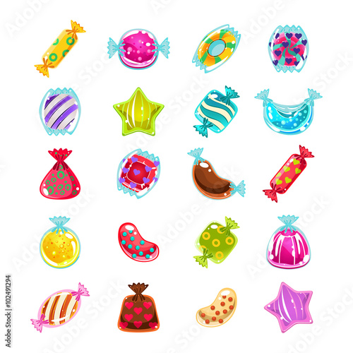 Bright Colorful Glossy Candies with Sparkles. Vector Illustration Set