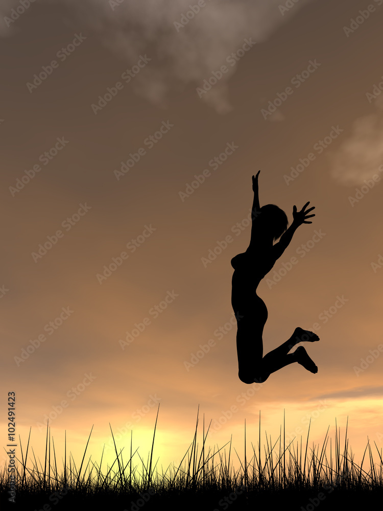 Conceptual young woman silhouette jumping happy on grass at sunset Conceptual young woman silhouette jumping happy on grass at sunset