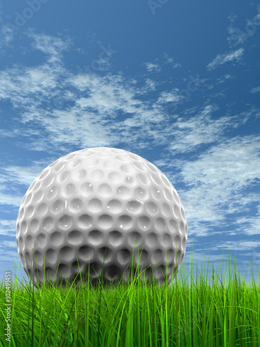 White golf ball in grass and sky