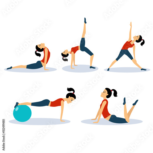 Fitness Women Workouts Set. Vector Illustration Set