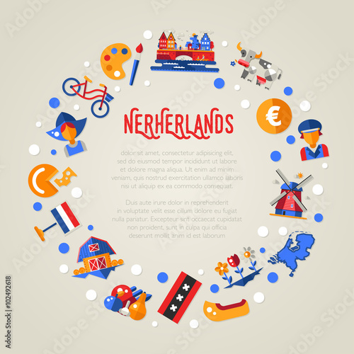 Holland travel circle postcard with famous Dutch symbols 