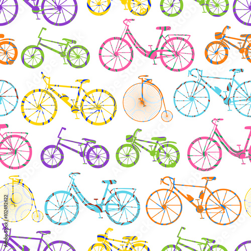 Seamless bicycle pattern. Colored rainbow bikes and circles. Vector illustration