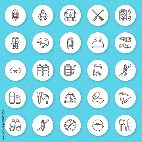 Set of line icon. Rafting, kayaking equipment. Contour round icons with shadow. Info graphic elements. Simple design. Vector illustration, eps 10.  