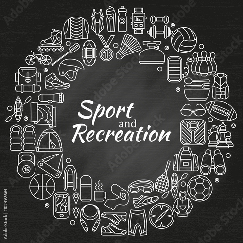 Wreath made of line icons. Sport, fitness and recreation equipment. Outdoor, tourism and hiking, Rafting and kayaking. Chalk board background. Info graphic elements. Simple design. Vector illustration