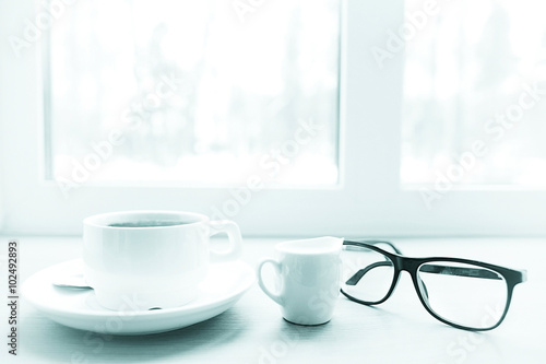 Concept winter breakfast, box, coffee, glasses