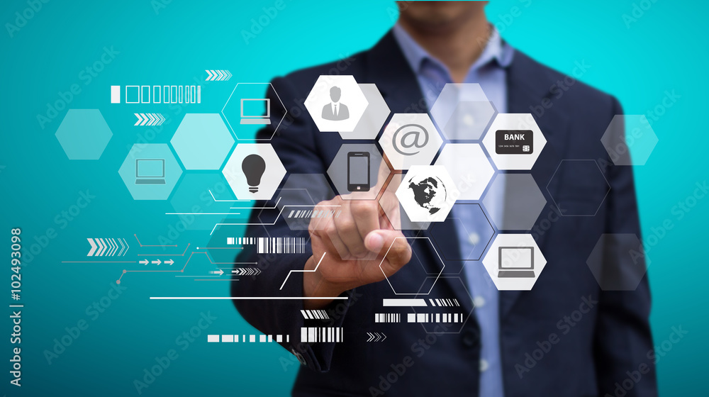Businessman working on visual interface computer icon. Design concept of Business and technology Internet. Social network. E-commerce. Businessman working on visual interface computer icon. Design concept of Business and technology Internet. Social network. E-commerce.