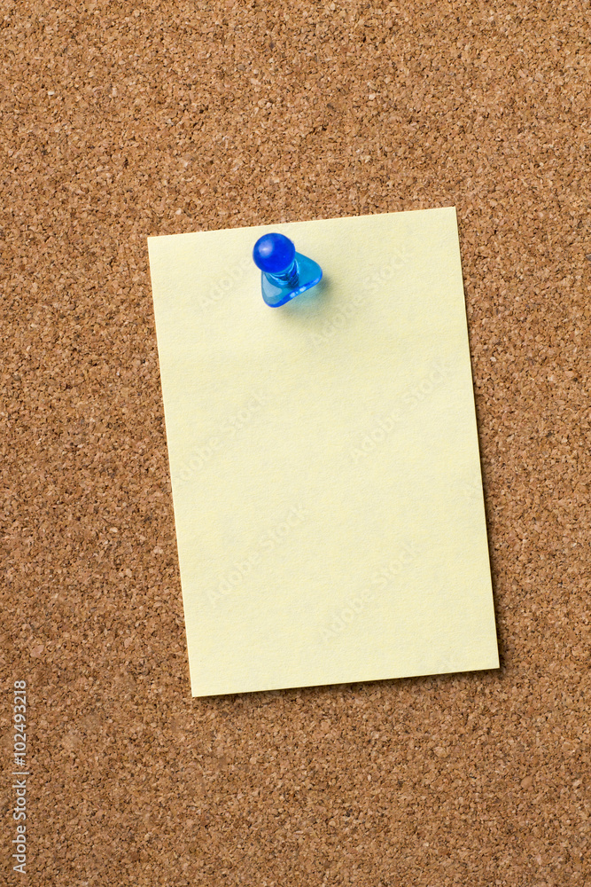 Blank adhesive label pinned on bulletin board Blank adhesive label pinned on bulletin board