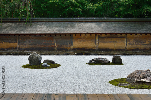 rock garden of Ryouanji temple in summer, Kyoto Japan.