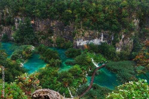 Croatia. Plitvice Lakes. Quran River with waterfalls view from the top