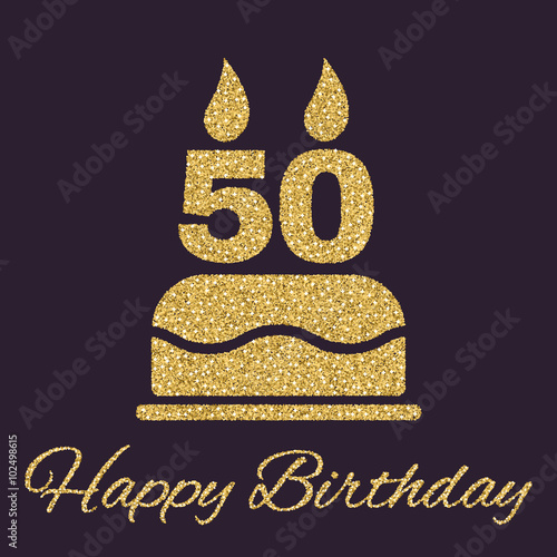 The birthday cake with candles in the form of number 50 icon. Birthday symbol. Gold sparkles and glitter