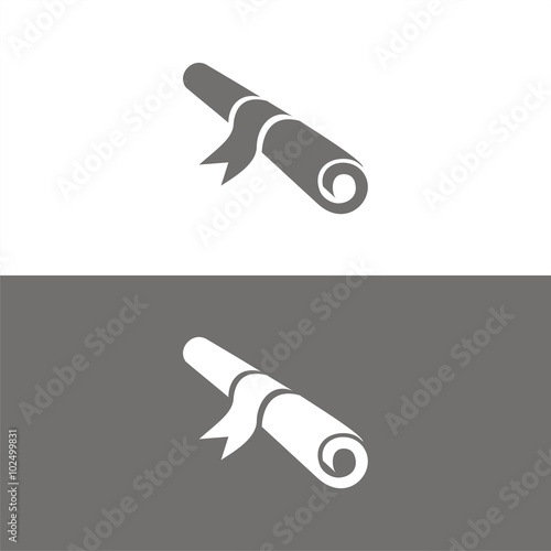 Icono de un diploma enrollado sobre fondos blanco y negro. Ilustración vectorial