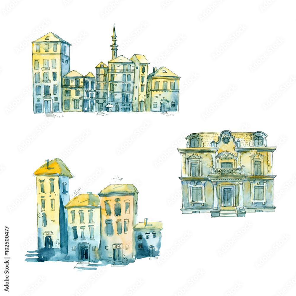 Fototapeta premium Watercolor painting and ink. Hand-drawn houses on a white background.