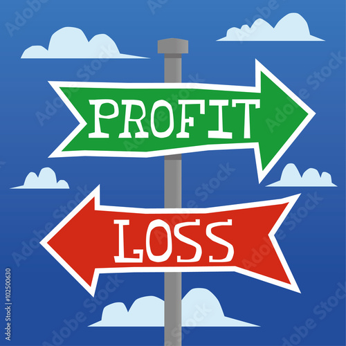The words Profit and Loss in white text on directional arrows as a signpost for which way to go in business