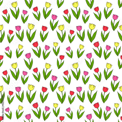 Set of vector tulips. Flat icons of red, pink, yellow, violet tulips. Linear varicolored tulips with green leaves. Spring flowers. Easter design.