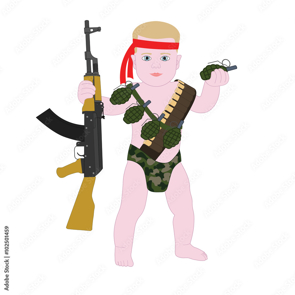 Baby boy soldier in diapers. Funny cartoon kid child military. Baby Rambo.  Stock Vector | Adobe Stock