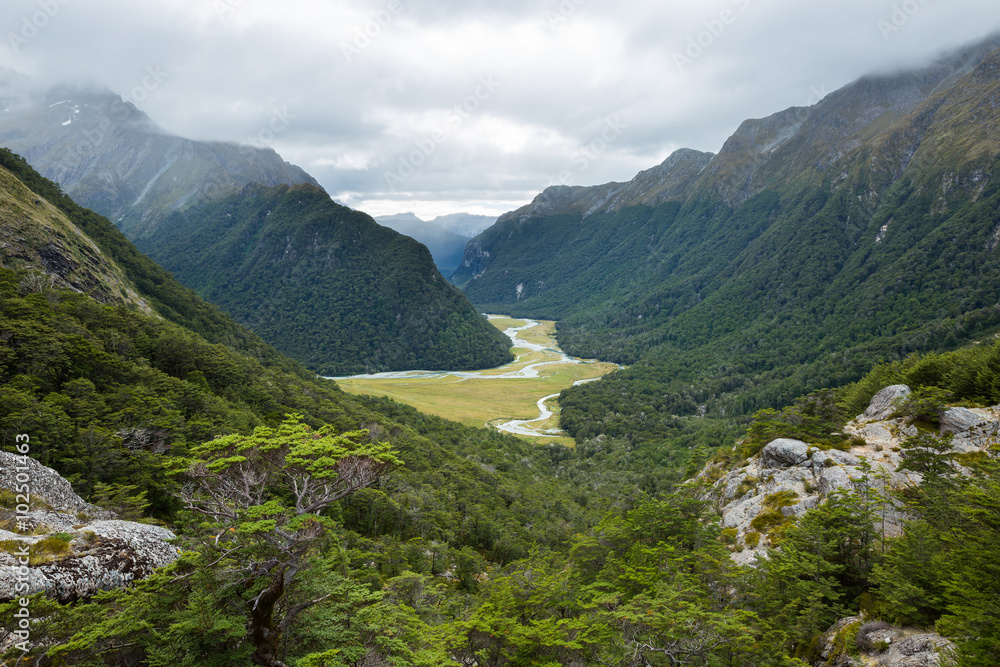 overlook view of Routeburn Valley from above Routeburn Falls