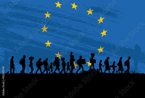 Silhouette of a group of refugees walking with flag of Europe as a background