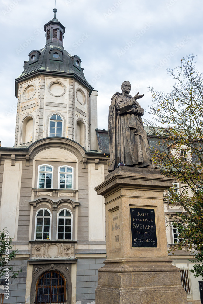 Former Premonstratensian College Plzen and Church of St. Anna with Josef Smetana statue in Pilsen, Czech REpublic