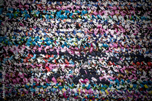 Natural crocheted rug colorful striped background