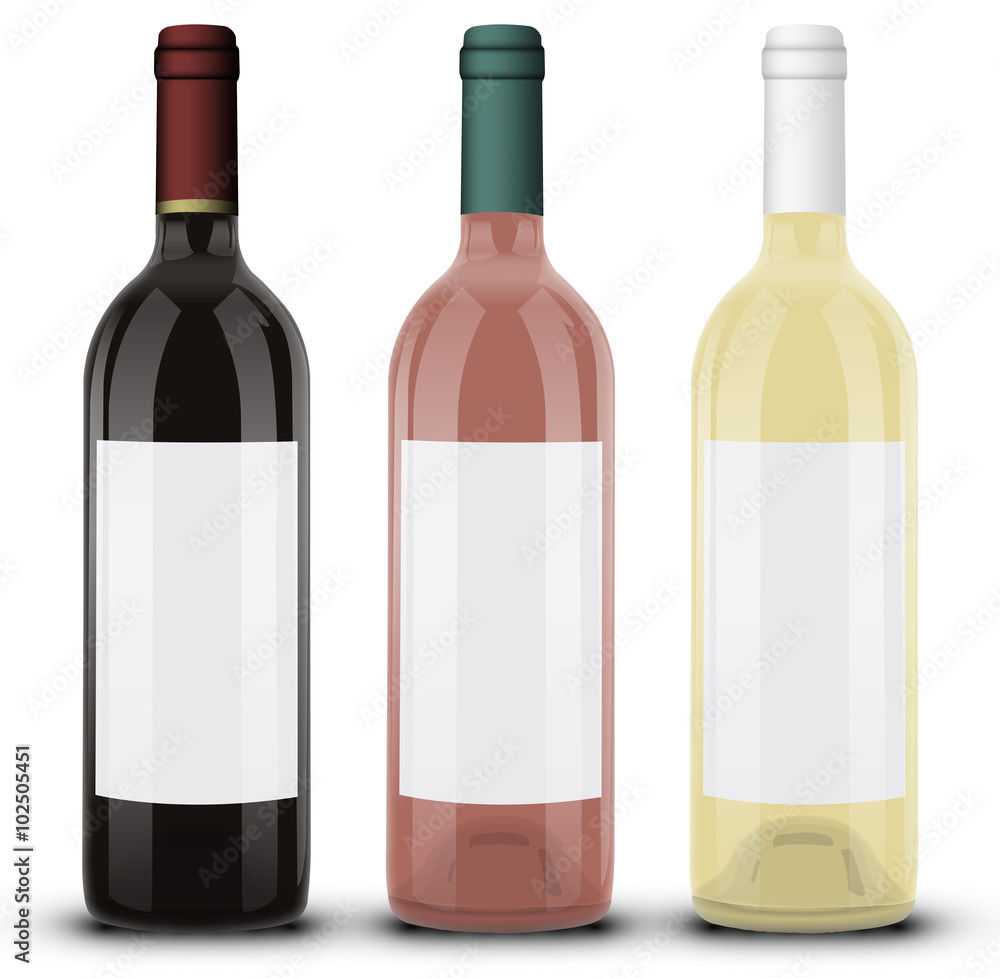 Vecteur Stock Bouteille de vin rouge rosé et blanc 01