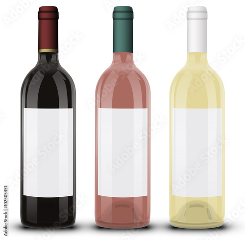 Bouteille de vin rouge rosé et blanc 01