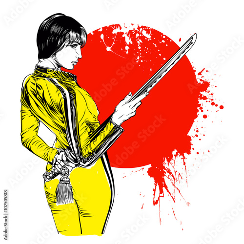 Women with sword on red sun