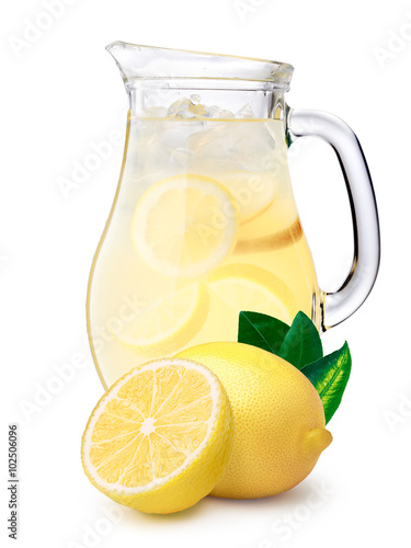 Iced lemonade pitcher with lemons