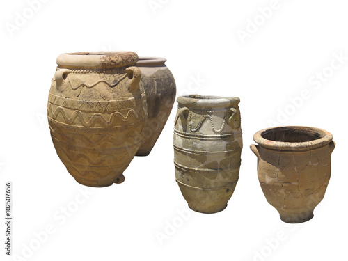 Ancient clay Minoan decorated amphora isolated