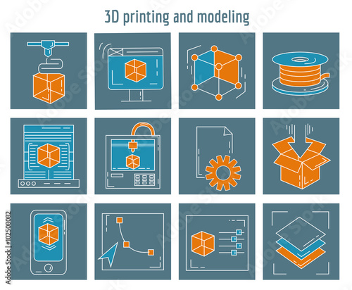 Vector icons set 3d printing and modeling