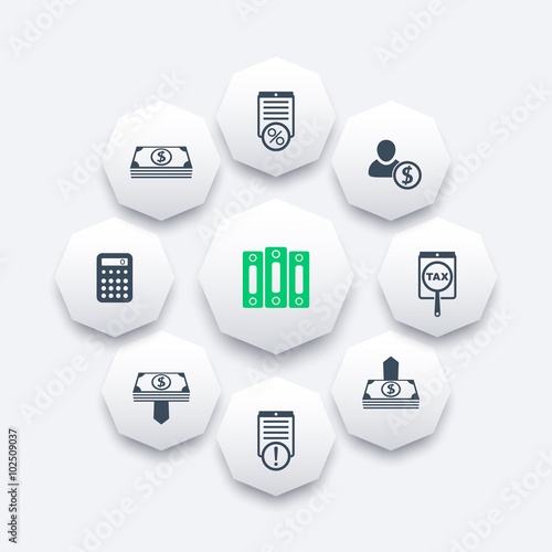 Bookkeeping, finance, payroll, rates octagon icons, vector illustration