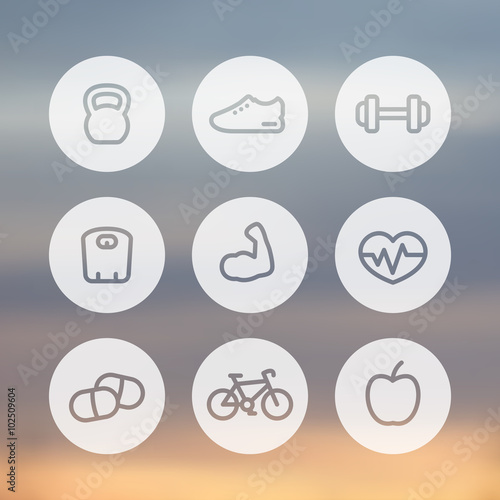 Fitness thick line icons, healthy lifestyle round linear icons, training, workout, biceps, vector illustration