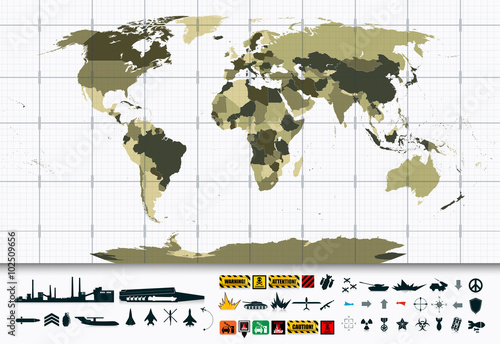 Detailed World Map and Military Power Icon Set