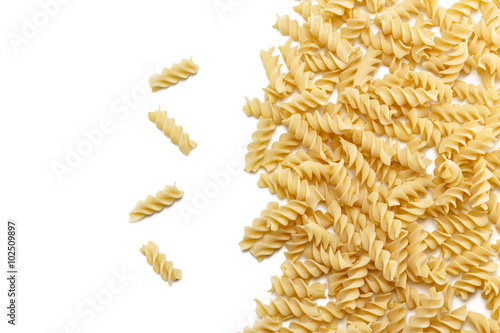 Durum wheat Fusilli pasta group isolated on white background