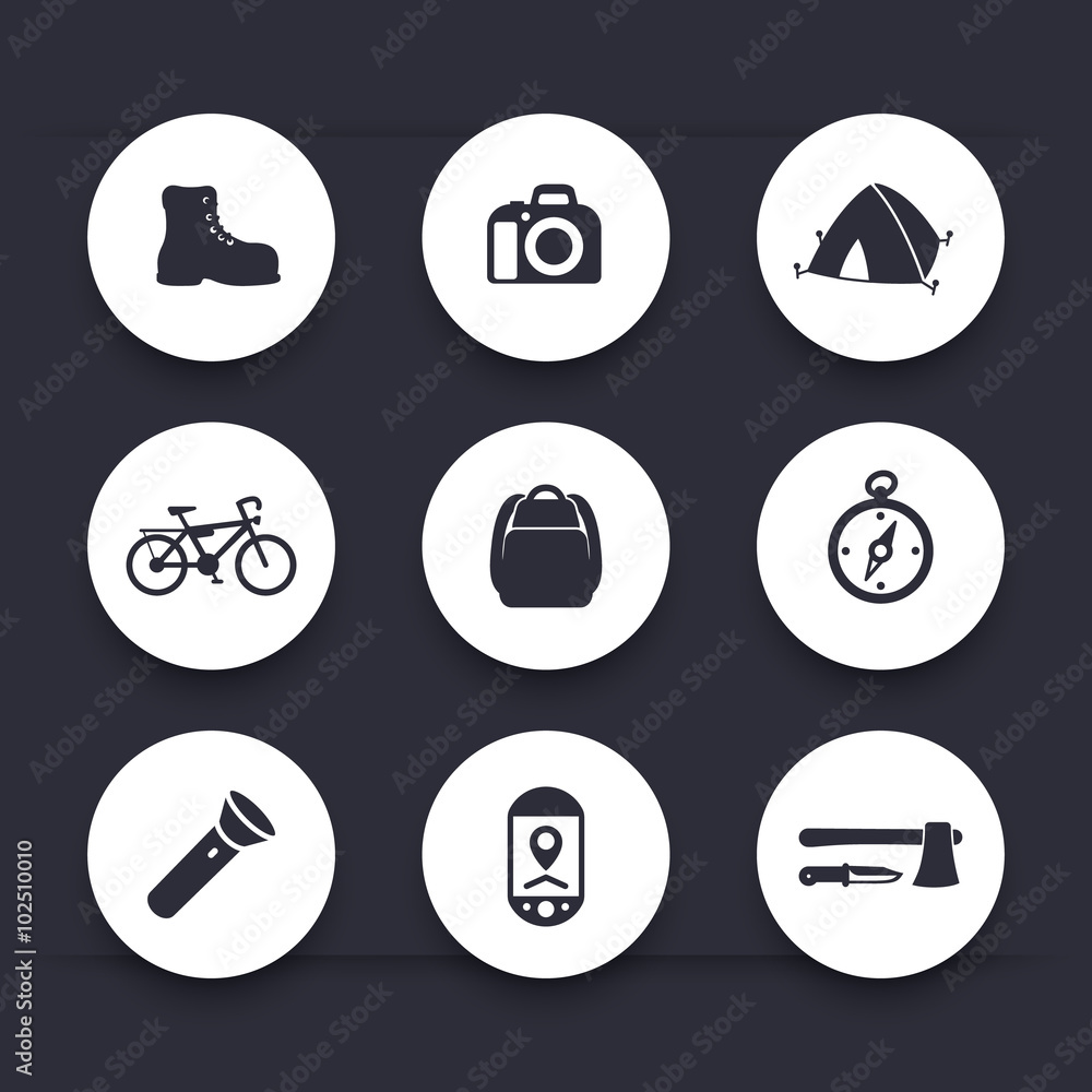 Hiking, camping icons, backpack, flashlight, tent, compass, hatchet round icons, vector illustration