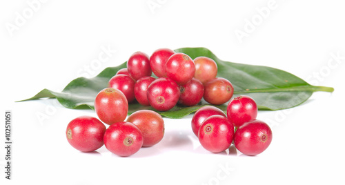 Fresh coffee beans,Fresh red beans on white background.
