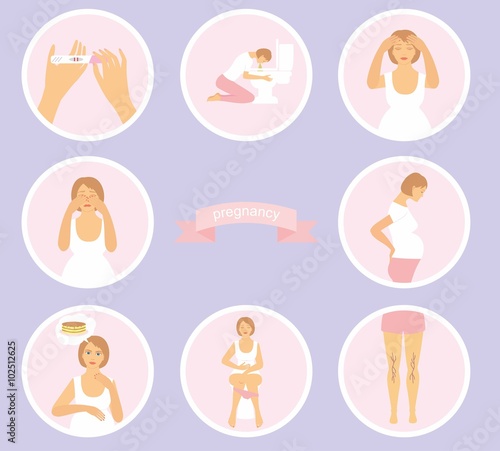 vector illustration signs of pregnancy symptoms - toxemia of pregnancy, swelling, emotional instability, stomach problems