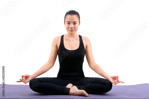portrait of asian woman wearing black body suit sitting in yoga
