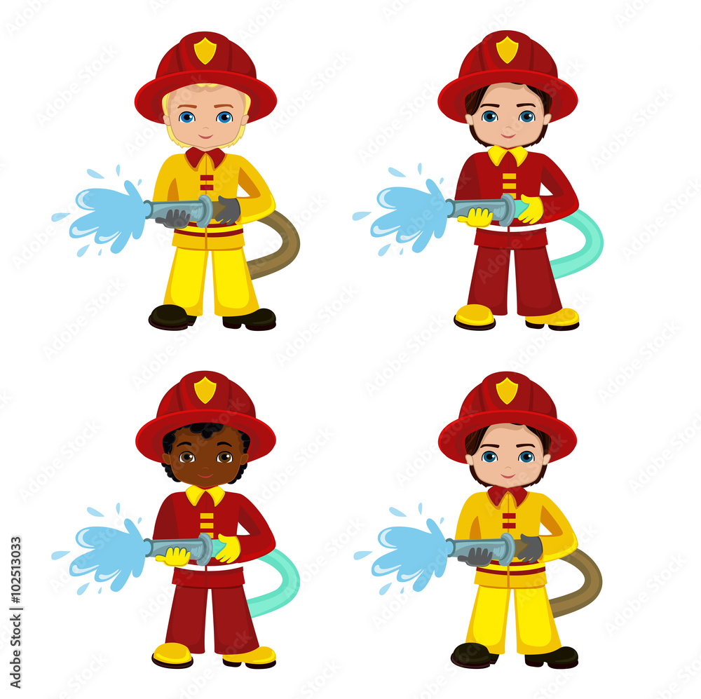 Cartoon illustration of a firefighter boy.Vector Illustration isolated on white background Cartoon illustration of a firefighter boy.Vector Illustration isolated on white background