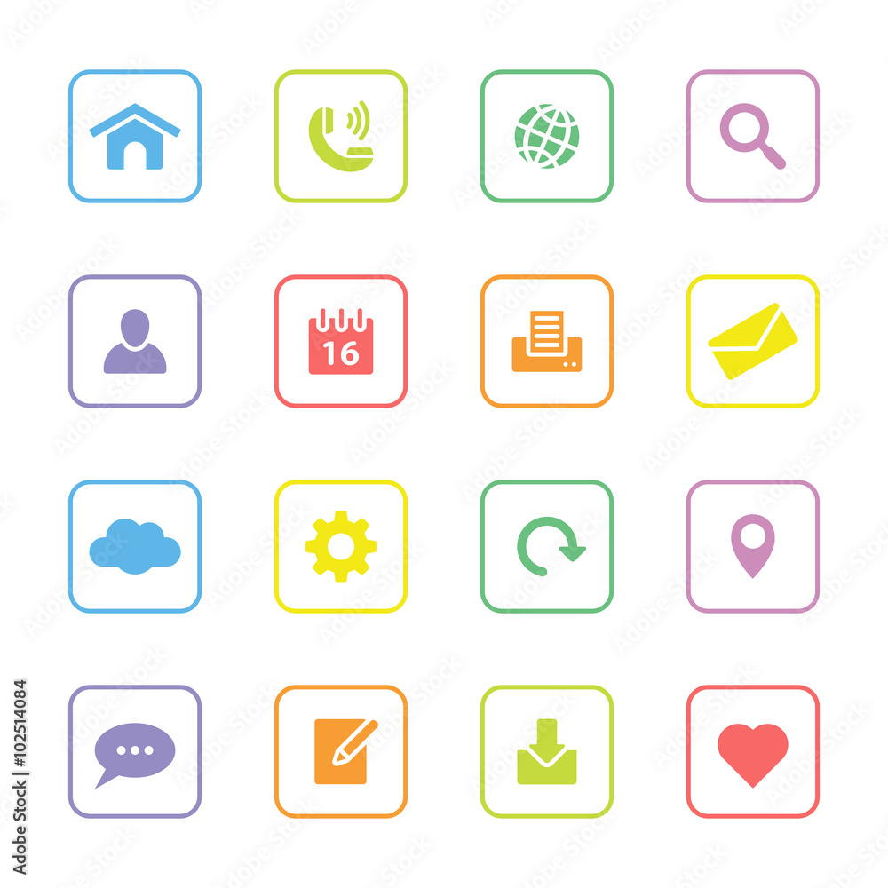 Colorful simple flat icon set 1 with rounded rectangle frame - for web design, user interface (ui), infographic and mobile application Colorful simple flat icon set 1 with rounded rectangle frame - for web design, user interface (ui), infographic and mobile application