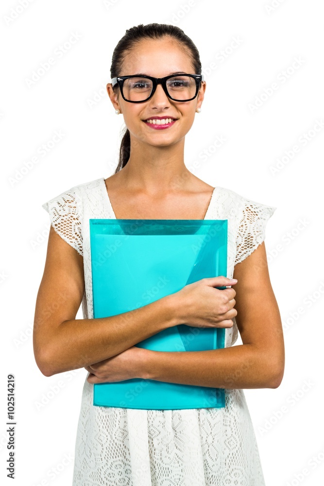 Smiling woman with eyeglasses holding plastic folder Smiling woman with eyeglasses holding plastic folder