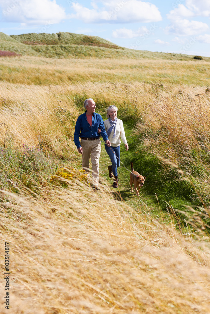Naklejka premium Senior Couple Taking Dog For Walk In Countryside