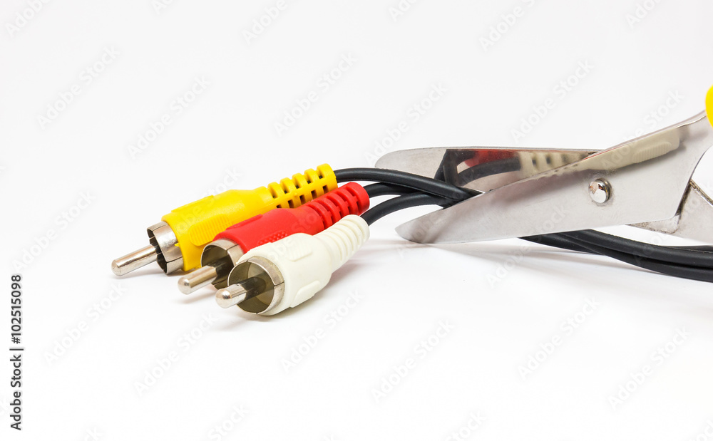 Isolated scissor try to cut TV jack. Isolated scissor try to cut TV jack.