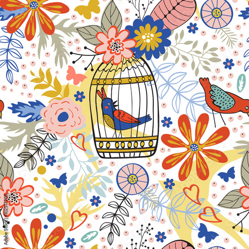 Elegant pattern with flowers, bird cages and birds