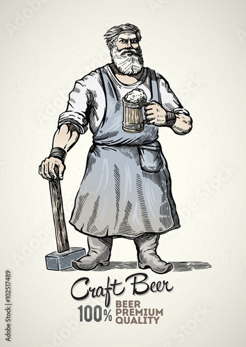 Blacksmith standing with hammer in hand and a mug of beer. Graphical element in style engraving.
