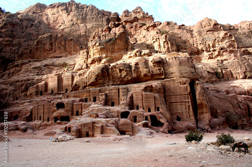 Tombs carved into the red sandstone in Petra. Ancient city, capital of the Nabataean kingdom - Petra in Jordan